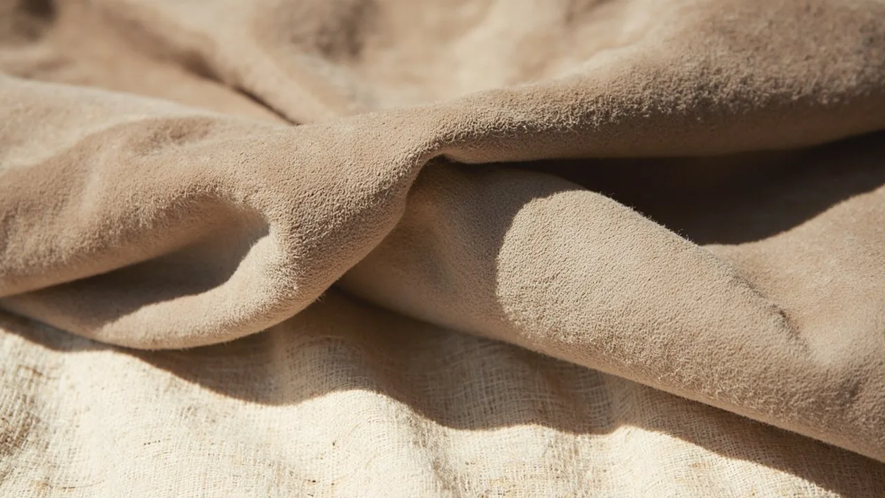 Macrophotographie d'un cuir suède taupe, velours dense côté croûte, souple et froissé, sur lin ivoire