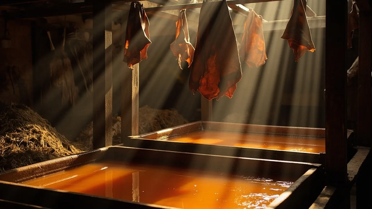 Tannerie artisanale : fosses en bois d'infusion d'écorces et peaux en cours de tannage végétal