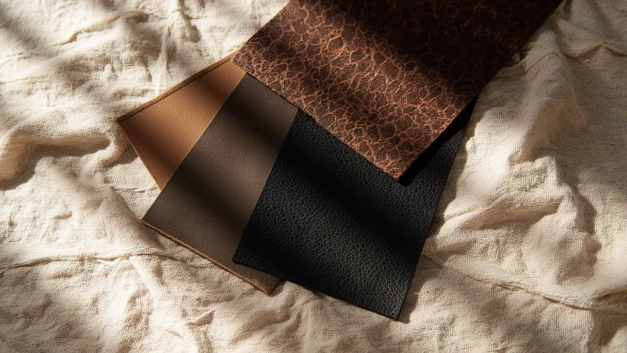 Trois échantillons de cuir : pleine fleur brune, fleur corrigée noire et nubuck taupe sur lin ivoire