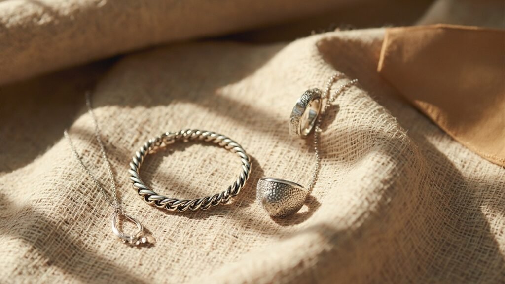 Parure en argent 925 : bague, bracelet et pendentif en argent sterling sur lin beige
