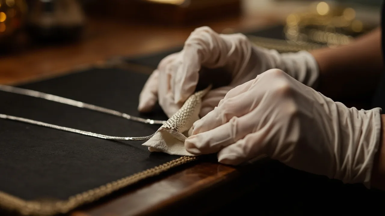 Mains gantées polissant un collier en argent 925, le geste d’entretien