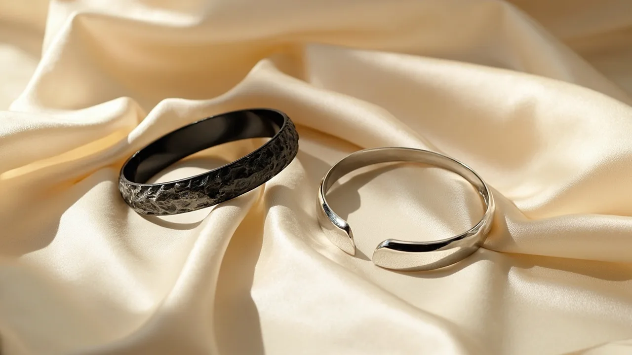 Bracelet en argent noirci par l’oxydation à côté d’un bracelet fraîchement poli