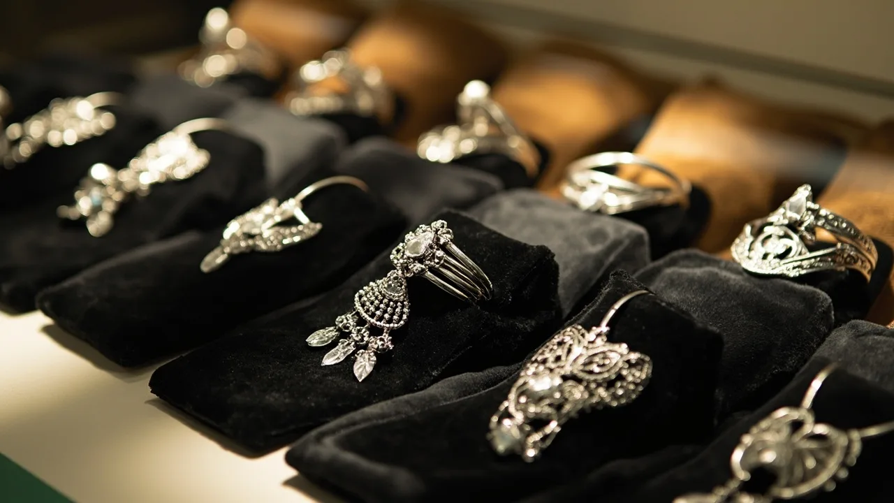Vitrine d’orfèvrerie présentant des bijoux en argent 925 sous éclairage chaud