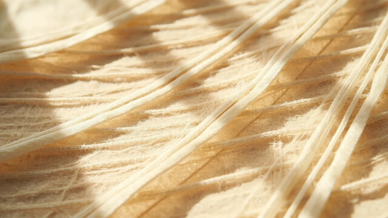 Macrophotographie de l'armure satin révélant les longs fils de trame flottants
