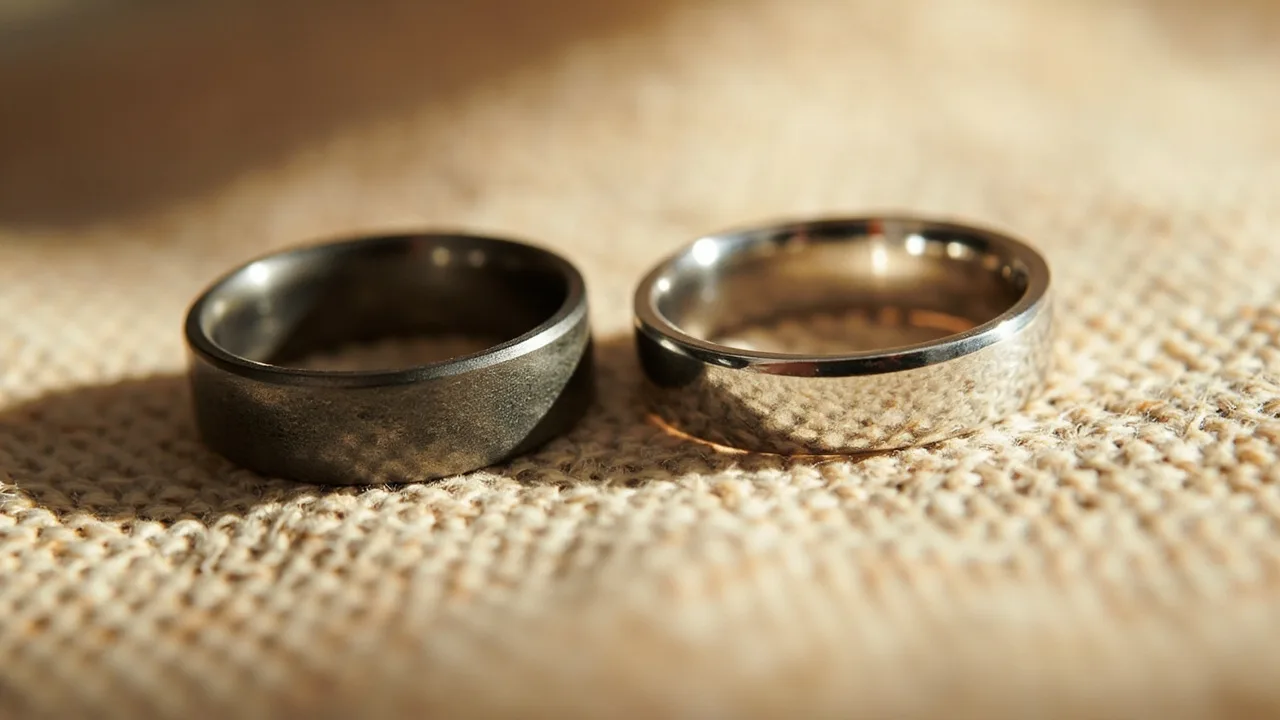 Bague en argent ternie face à une bague polie, comparaison de l'éclat