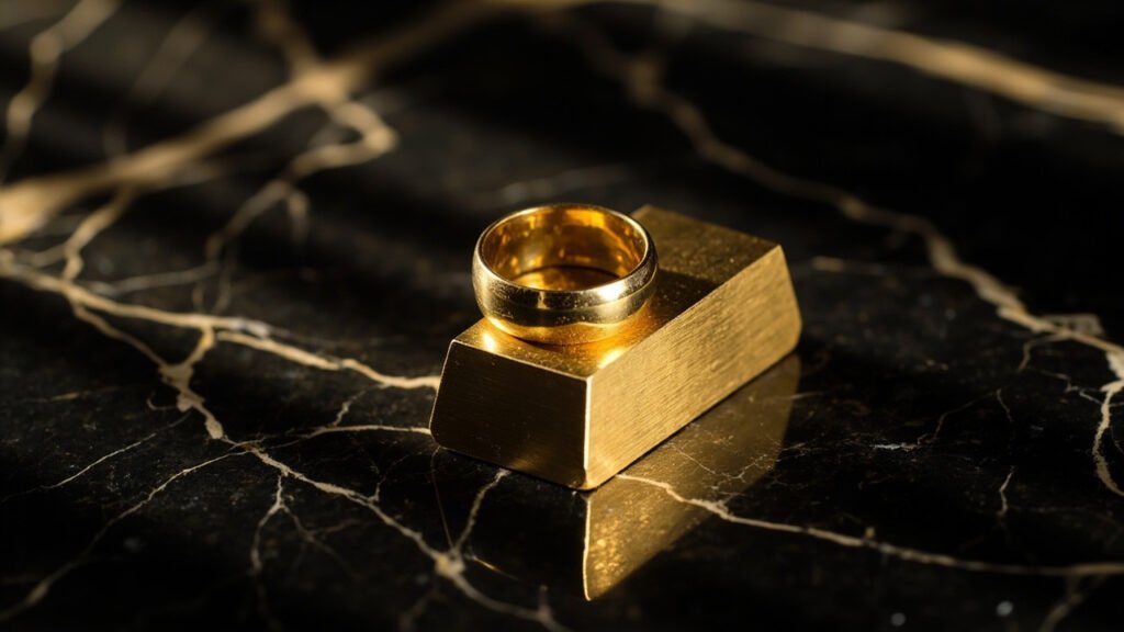 Bague en or jaune 18 carats posée sur un lingot d'or brossé, reflets dorés sur fond de marbre noir
