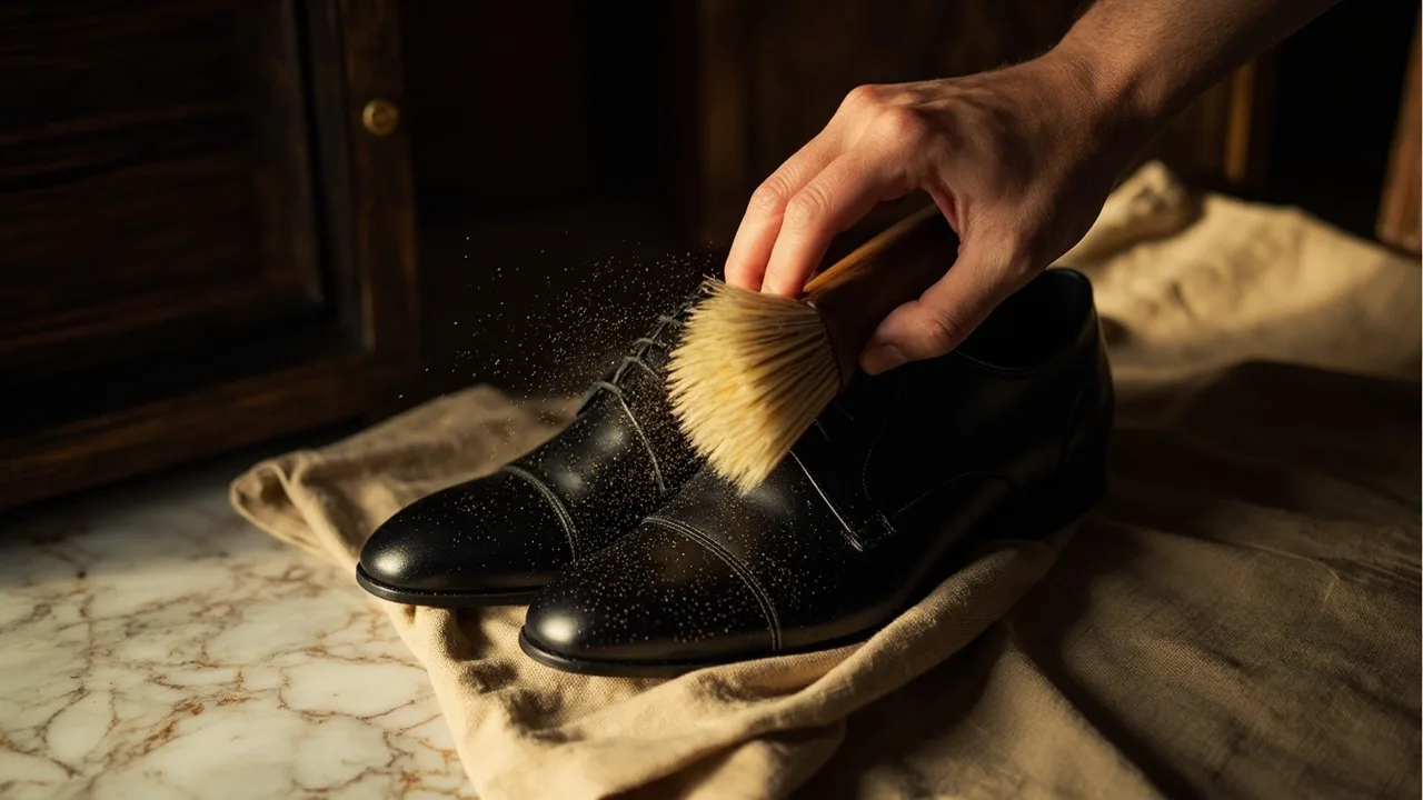 Brossage d'une chaussure en cuir noir à la brosse en crin