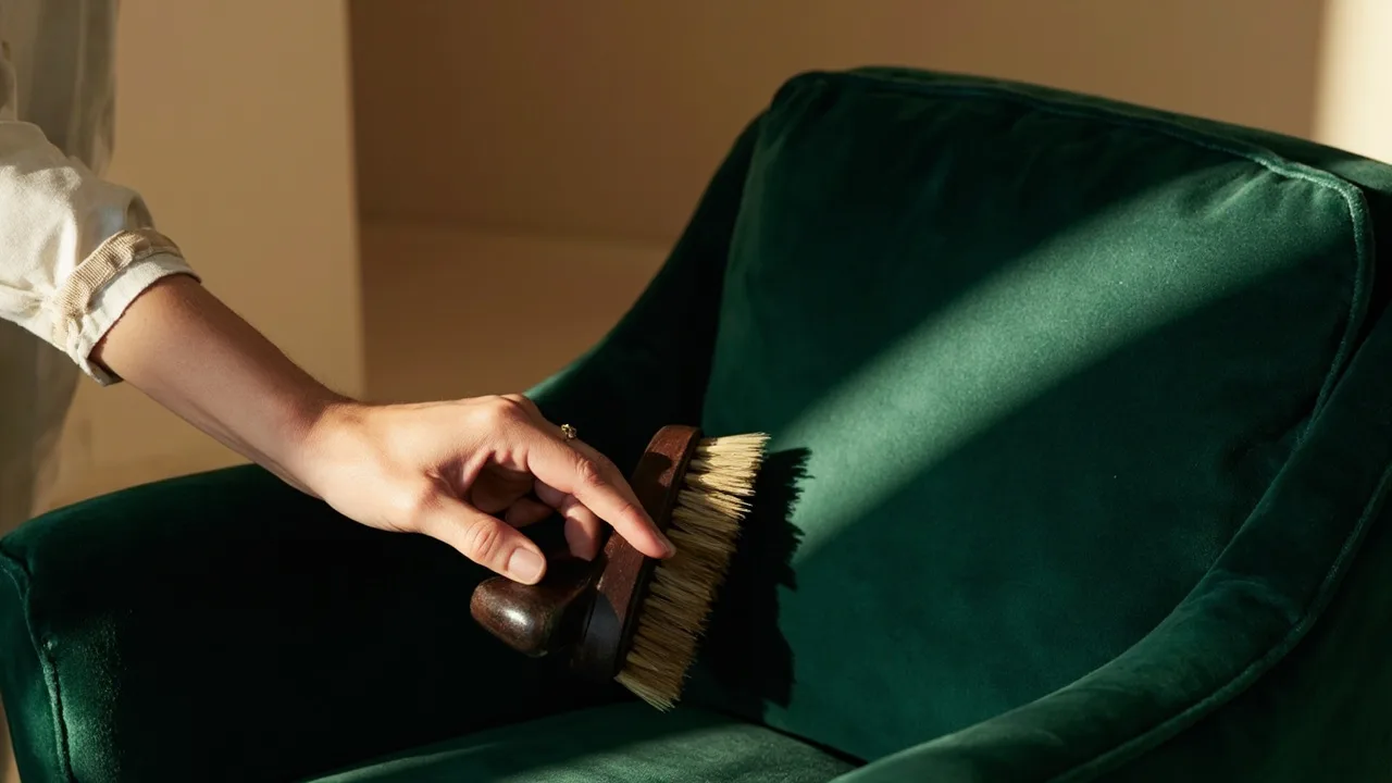 Brosse douce en bois brossant un fauteuil en velours vert dans le sens du poil