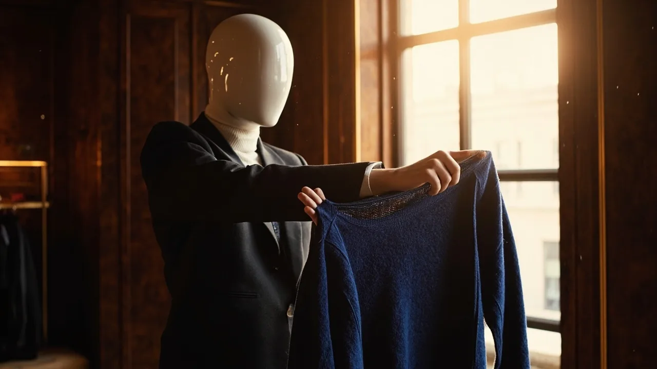 Pull en cachemire bleu nuit examiné à contre-jour dans une boutique