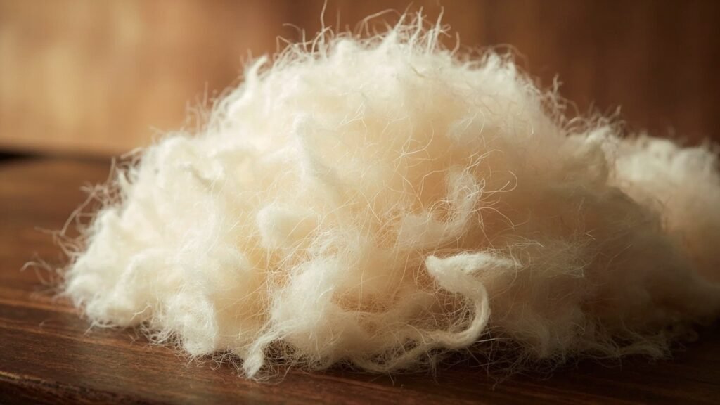 Duvet de cachemire brut : fibres ivoire amoncelées avant le tri