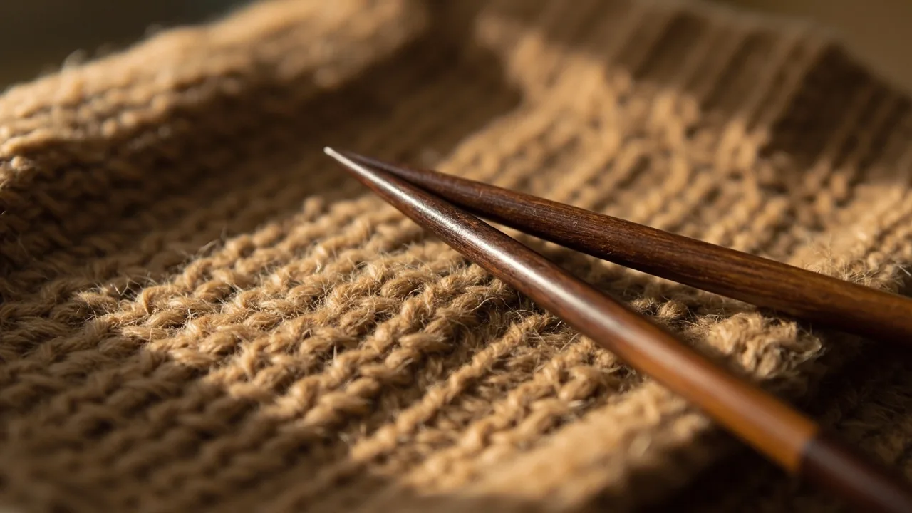 Maille de cachemire camel dense, aiguilles à tricoter en bois sombre