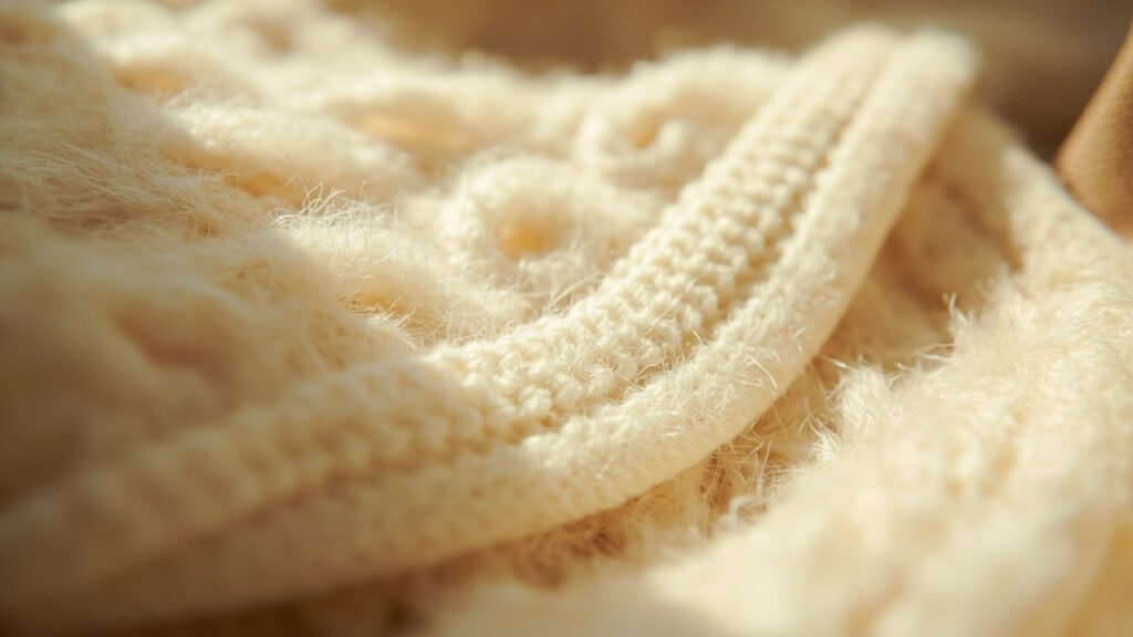 Maille de cachemire ivoire en macrophotographie : la régularité des boucles