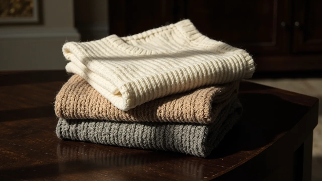 Pulls en cachemire pliés : ivoire, camel et gris perle
