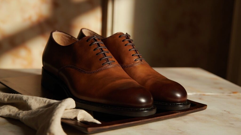 Richelieus en cuir cognac cirés sur bois sombre