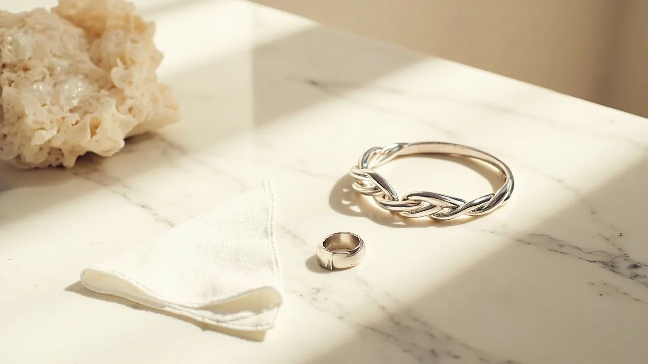 Chiffon de polissage et bijoux en argent éclatants sur marbre clair