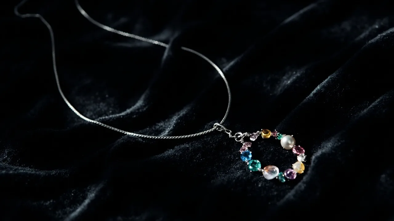 Collier en argent serti de pierres fines et d'une perle sur velours noir