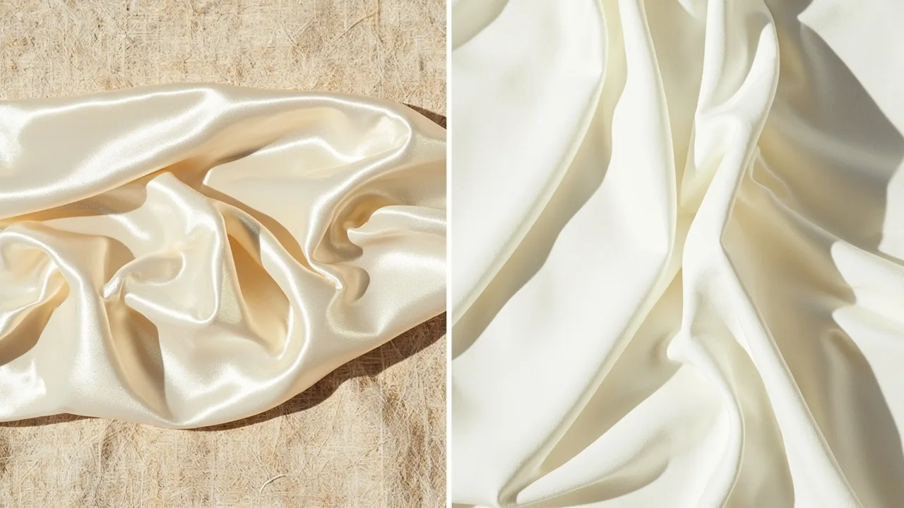 Comparatif textile : à gauche vraie soie ivoire au tombé fluide, à droite polyester au tombé raide et aspect plastique