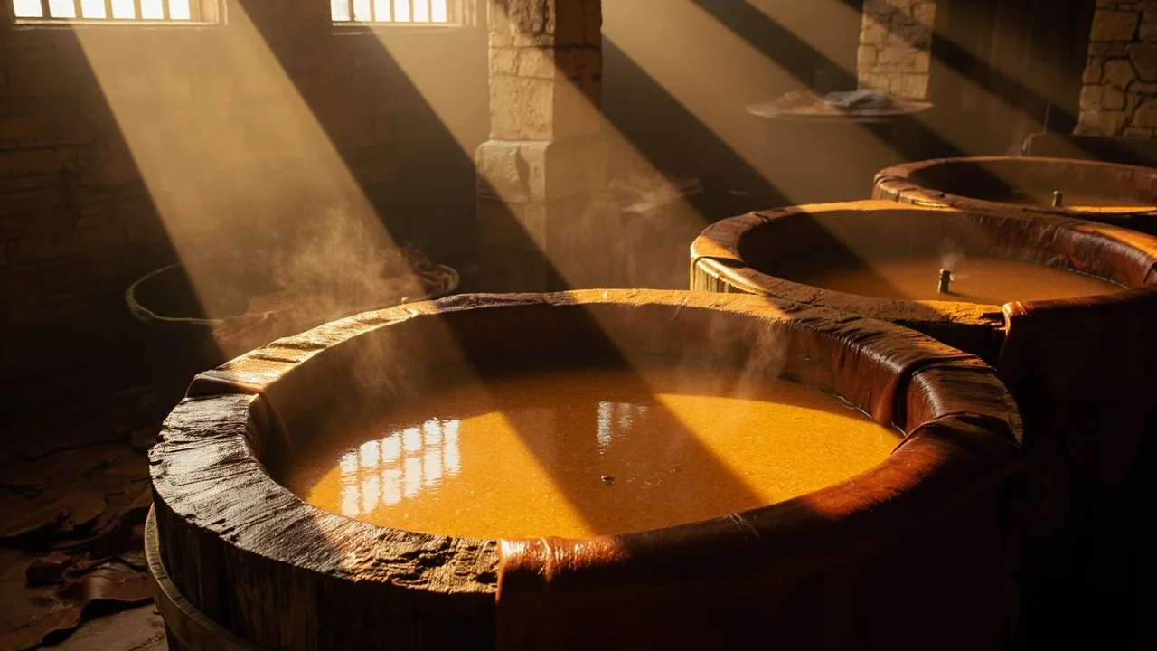 Fosse de tannage végétal : cuves en bois remplies de liqueur de tanin ambrée et peaux de cuir brun immergées