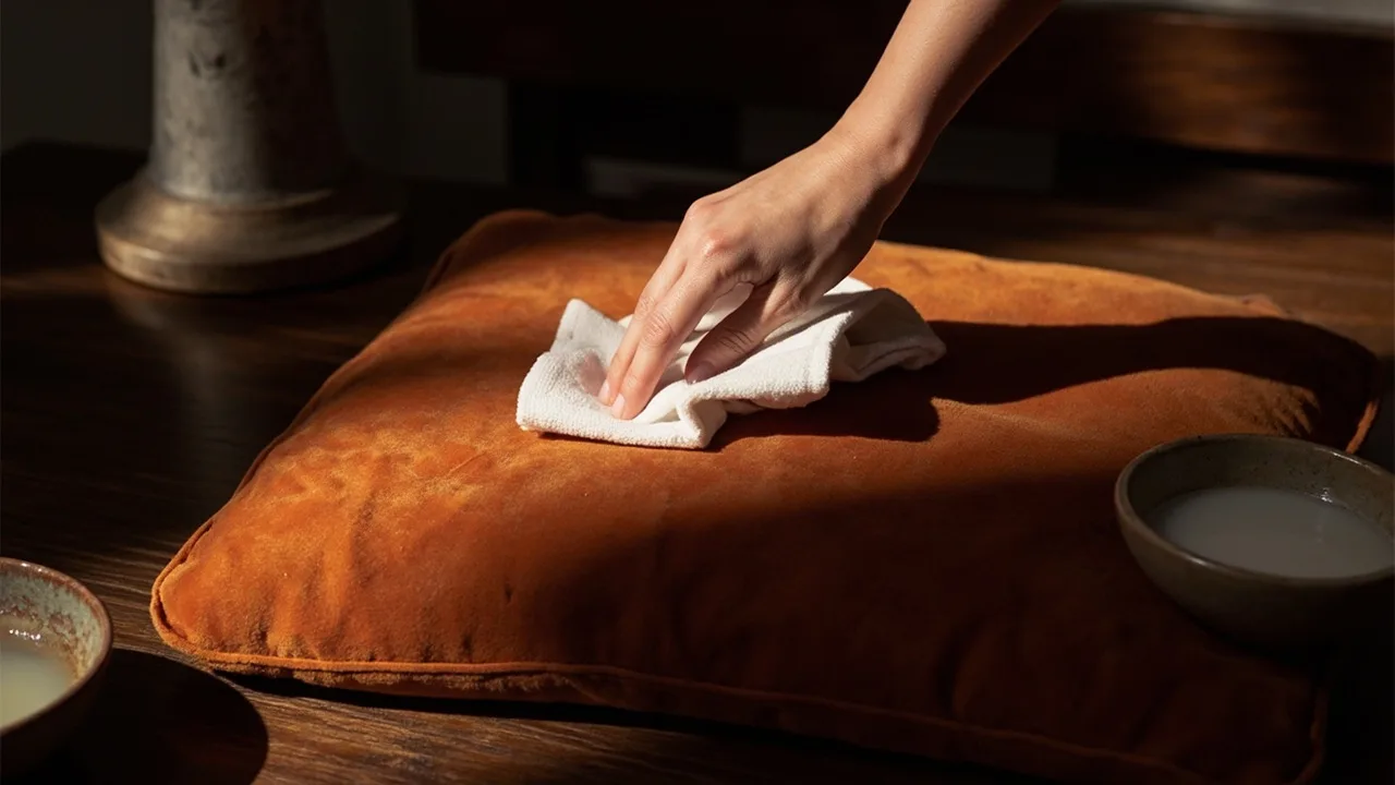 Chiffon blanc tamponnant délicatement une tache sur un coussin en velours terracotta