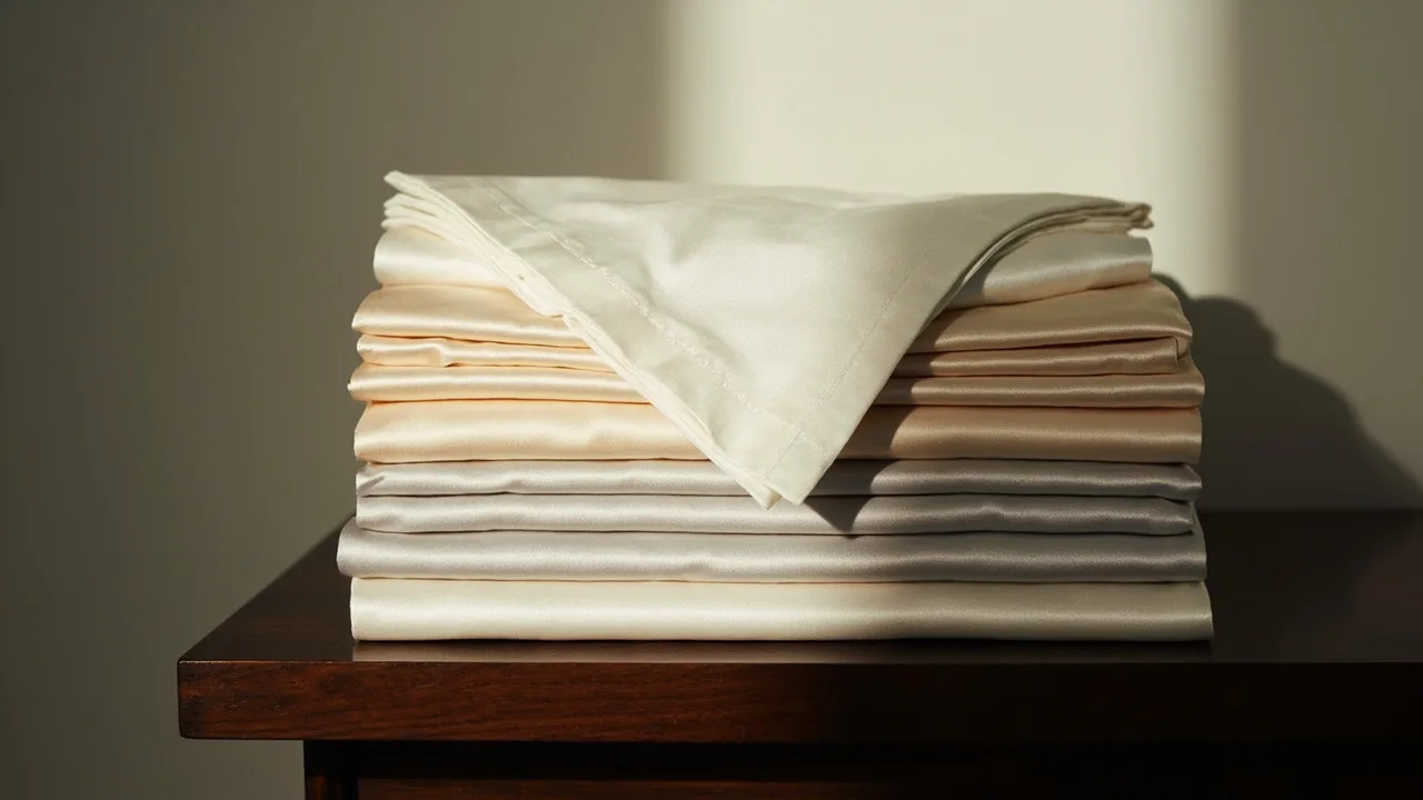 Draps en satin de coton pliés aux tons ivoire, beige et gris perle, rangés sur une étagère