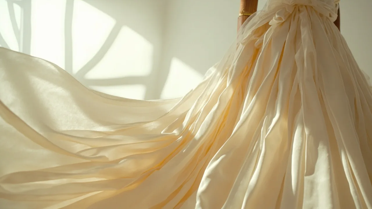 Duchesse satin ivoire au tombé sculptural sur un mannequin de couture en bois
