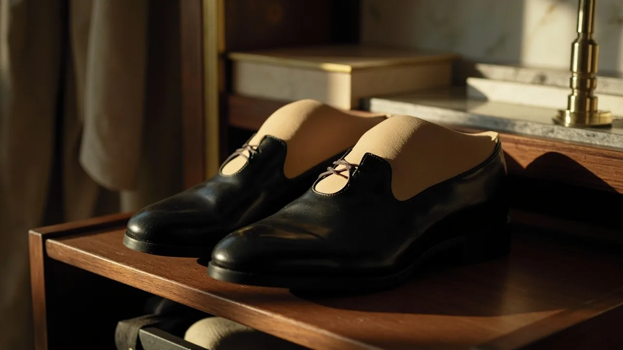 Chaussures en cuir au repos avec embauchoirs en cèdre