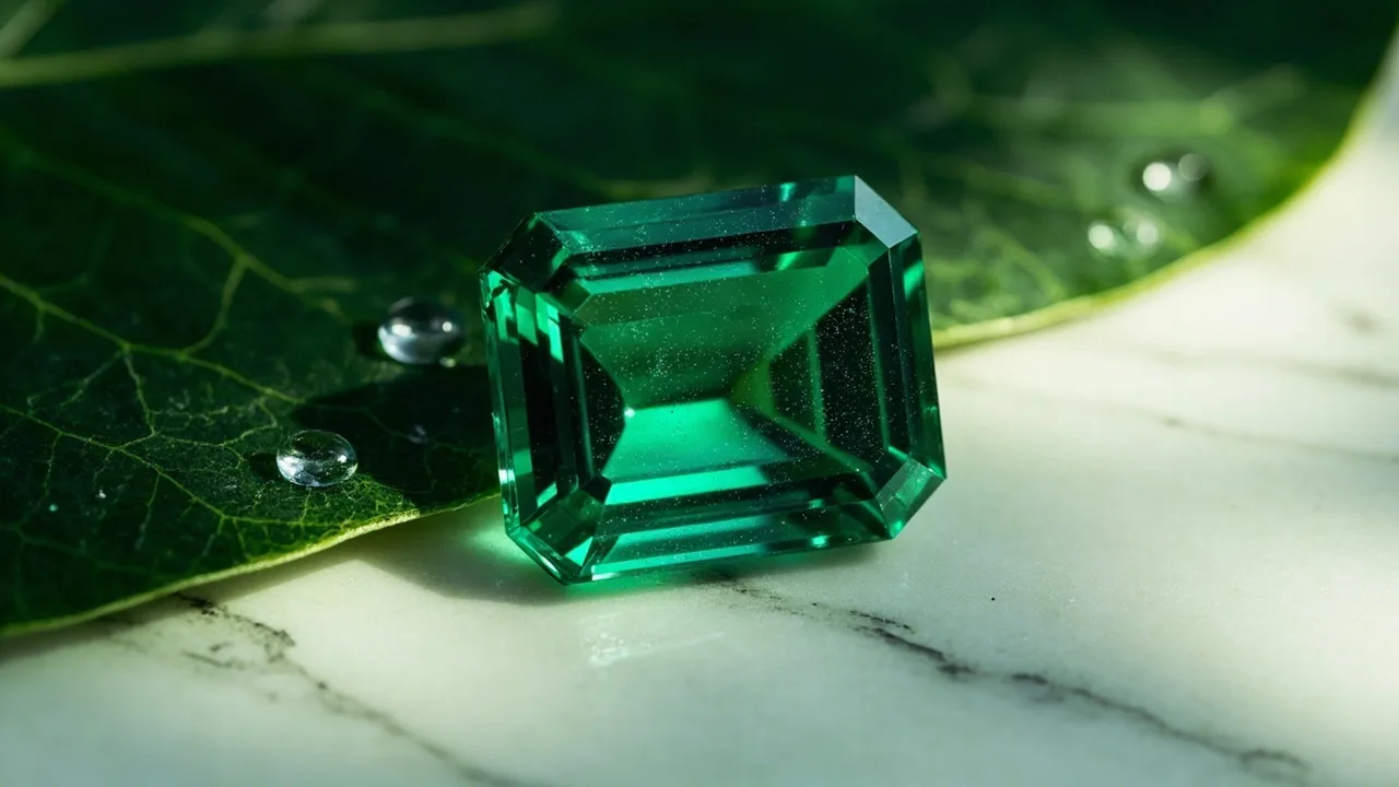 Émeraude taille émeraude d'un vert profond posée sur marbre blanc veiné