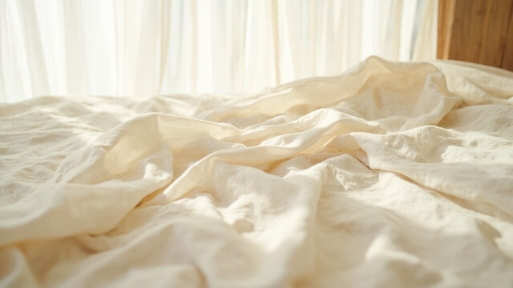 Drap en lin naturel écru drapé en vagues souples sur un lit clair