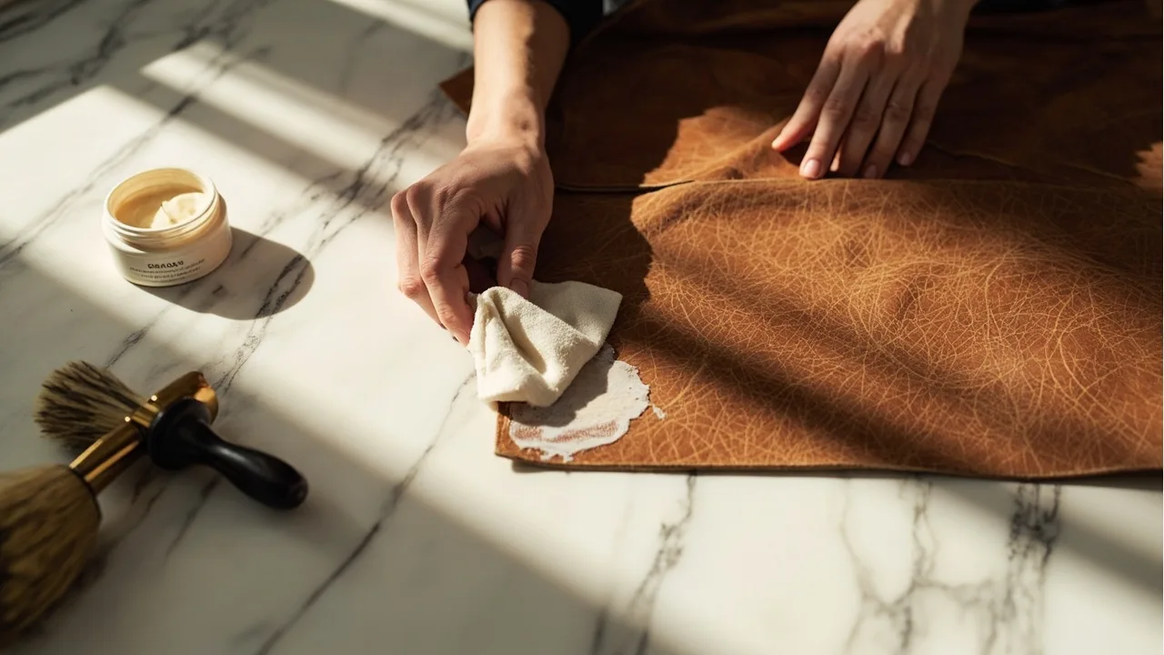 Application de crème d'entretien au chiffon doux sur un cuir brun, pot de crème et brosses en crin