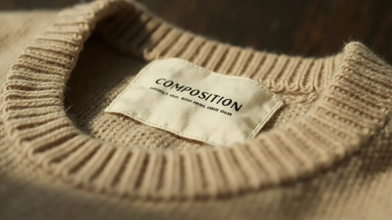 Étiquette de composition cousue à l’intérieur d’un pull en cachemire beige