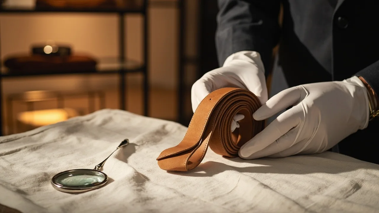 Mains gantées de blanc examinant la tranche d'une ceinture en cuir à la loupe dans une boutique