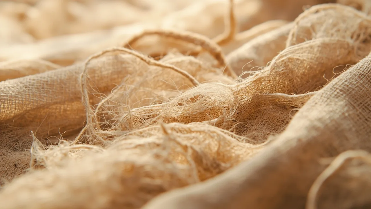Fibres de lin en très gros plan, trame naturelle beige et écrue