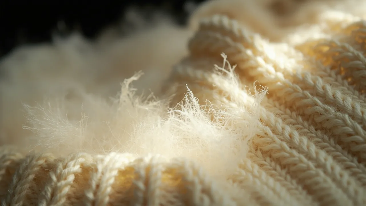 Finitions du cachemire : macro du duvet nuageux sur la maille