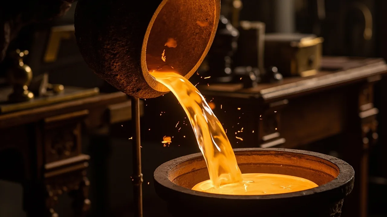 Or en fusion versé dans un moule dans un atelier de joaillerie
