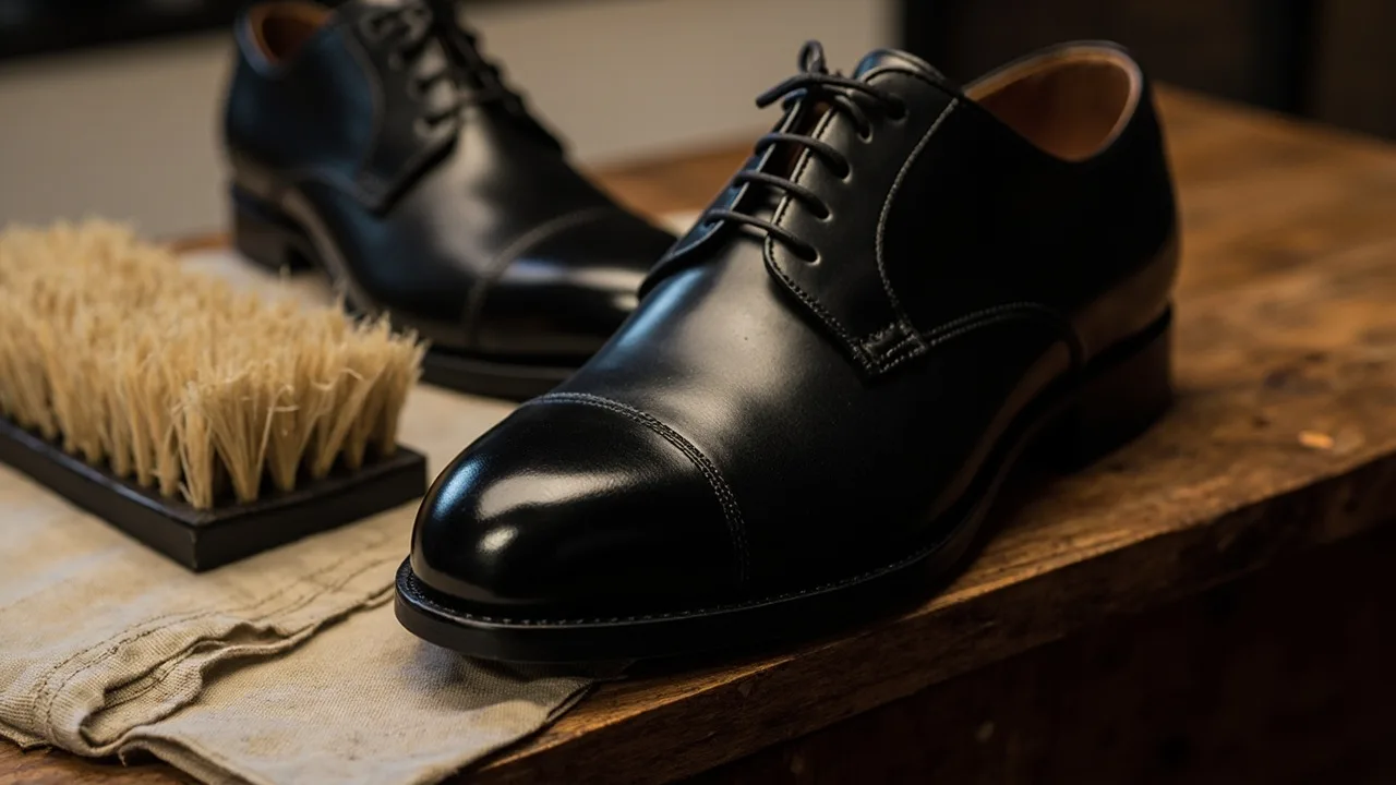Chaussure en cuir noir au glaçage miroir après cirage