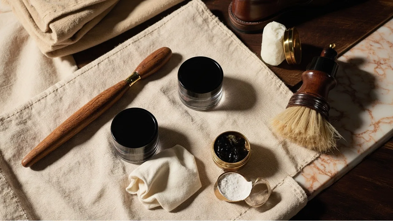 Kit d'entretien pour chaussures en cuir : brosses, crèmes et cirages