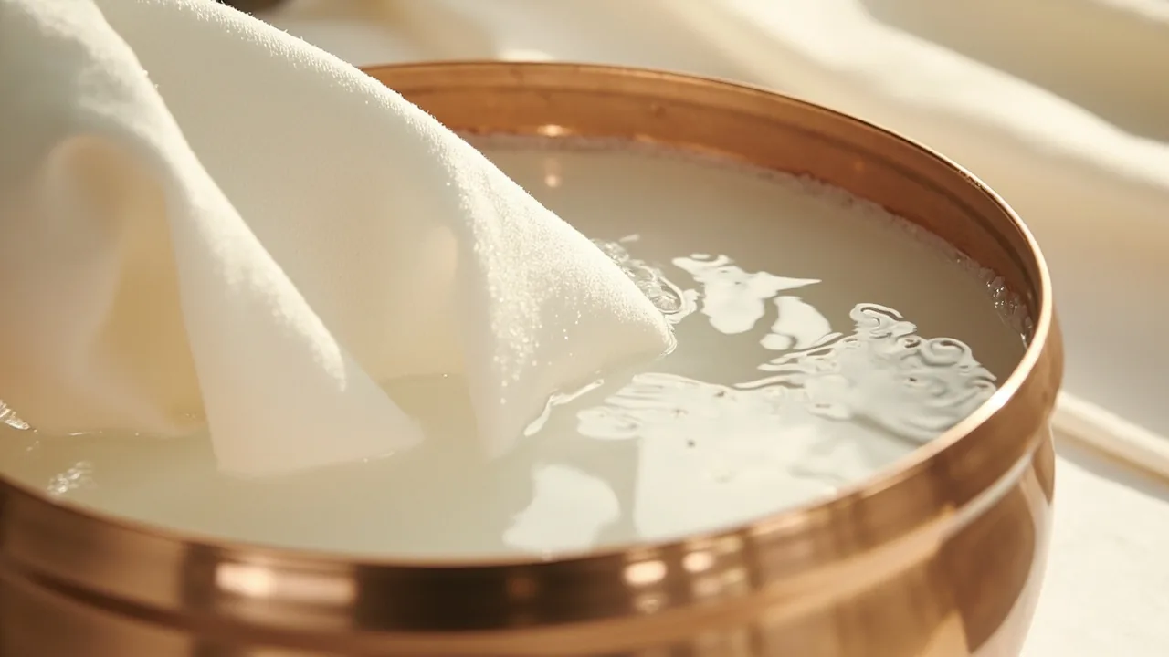 Étoffe de satin trempée dans une bassine d'eau claire pour un lavage à la main délicat