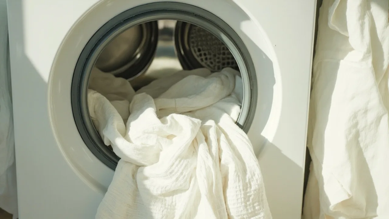 Linge en lin blanc chargé dans le tambour d'une machine à laver