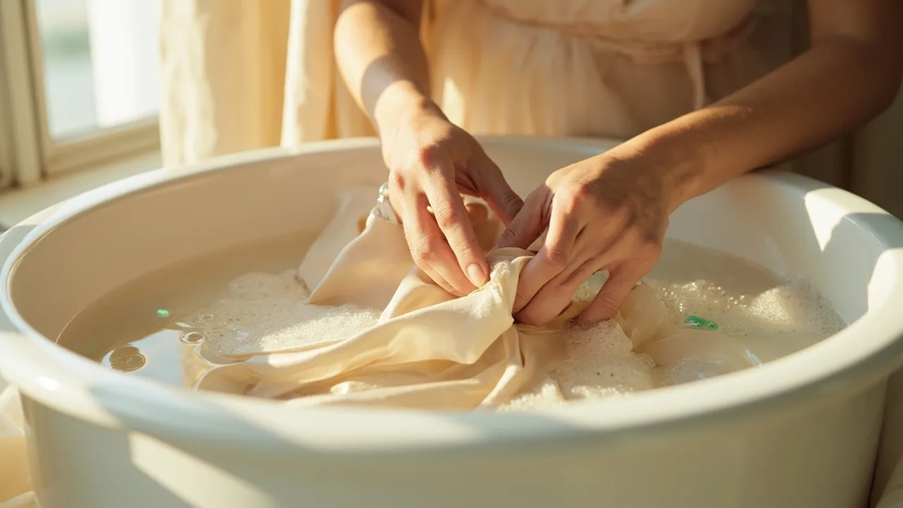 Lavage à la main d'un chemisier en soie dans une bassine