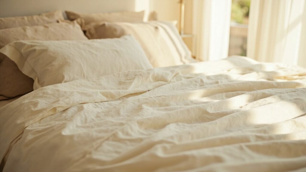 Lit dressé avec drap-housse et housse de couette en lin lavé ivoire aux plis naturels, éclairé par la lumière douce d'une fenêtre
