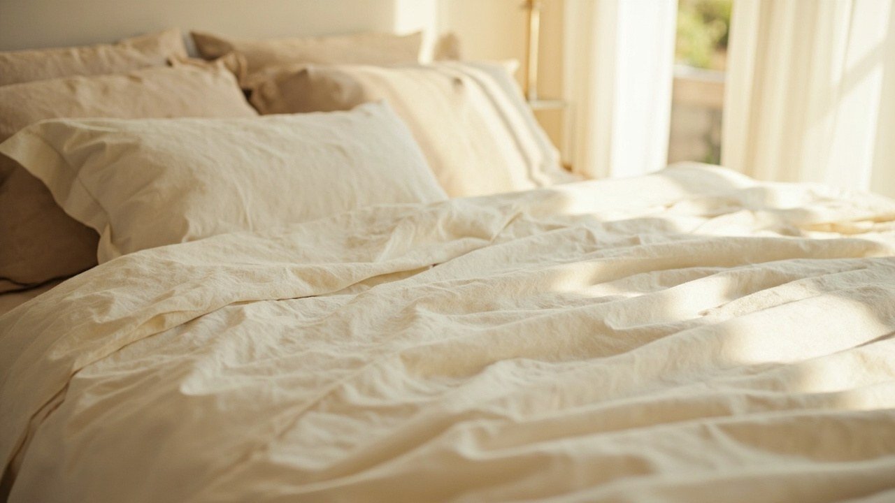 Lit dressé avec drap-housse et housse de couette en lin lavé ivoire aux plis naturels, éclairé par la lumière douce d'une fenêtre