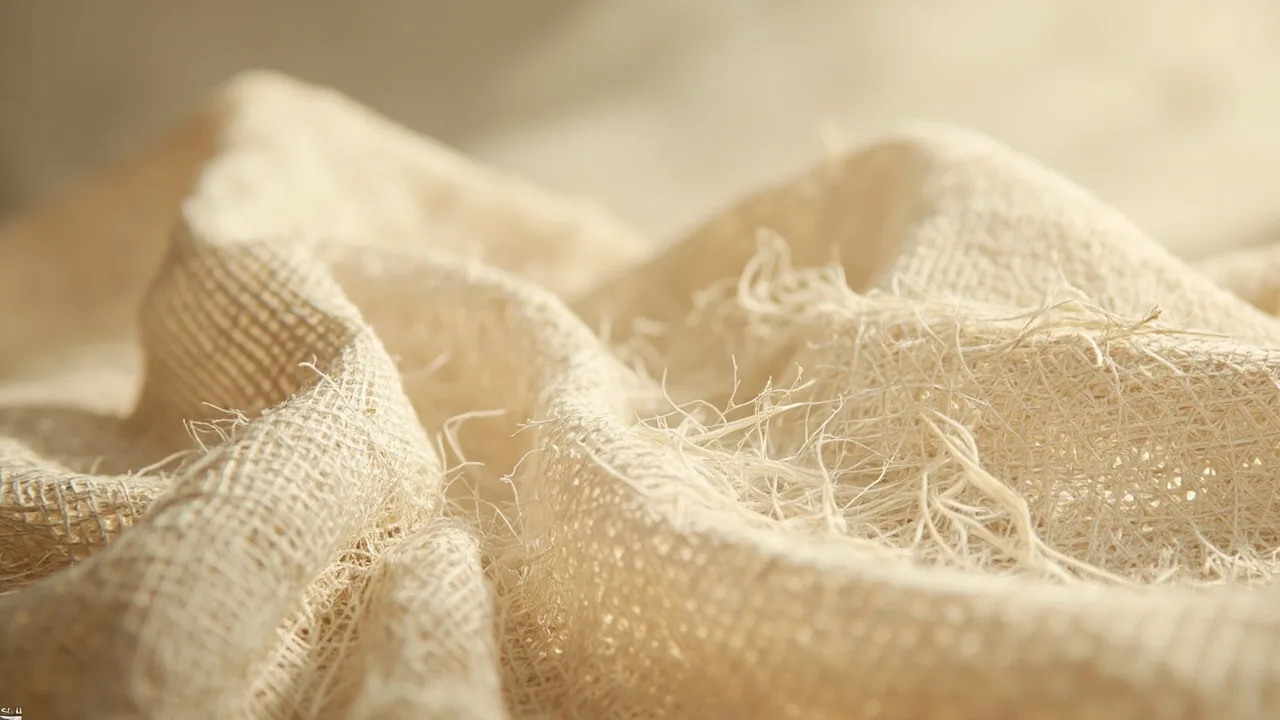 Macrophotographie de la trame d'un tissu de lin brut, fils irréguliers et nœuds caractéristiques visibles