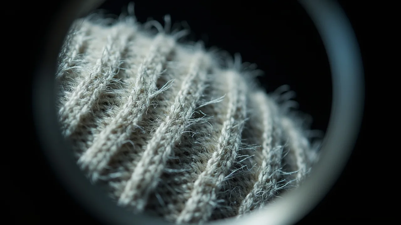 Maille de cachemire gris perle examinée à la loupe