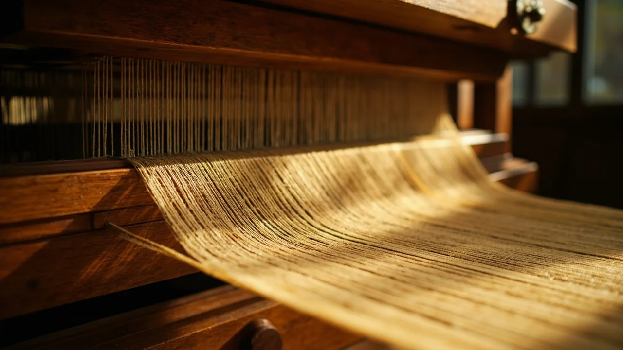 Métier à tisser ancien aux fils de soie dorés tendus dans un atelier de soierie