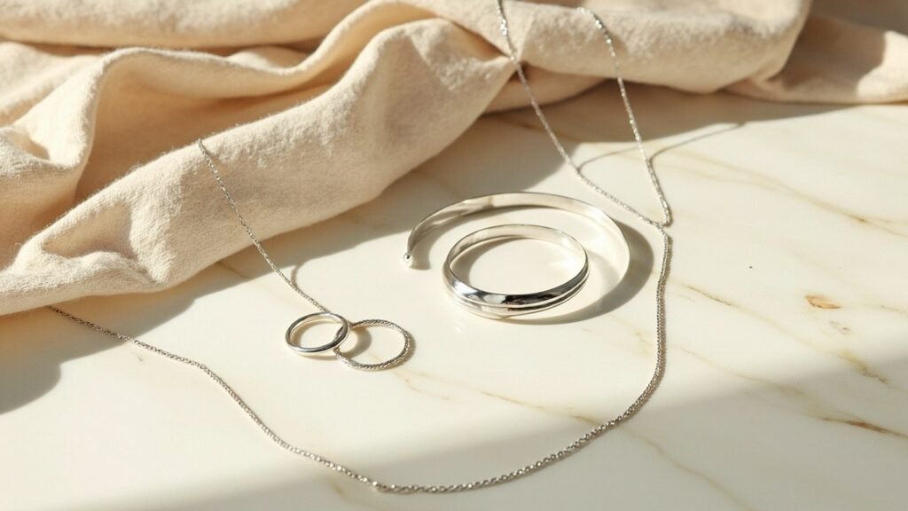 Parure en argent poli sur lin beige, éclat blanc du métal