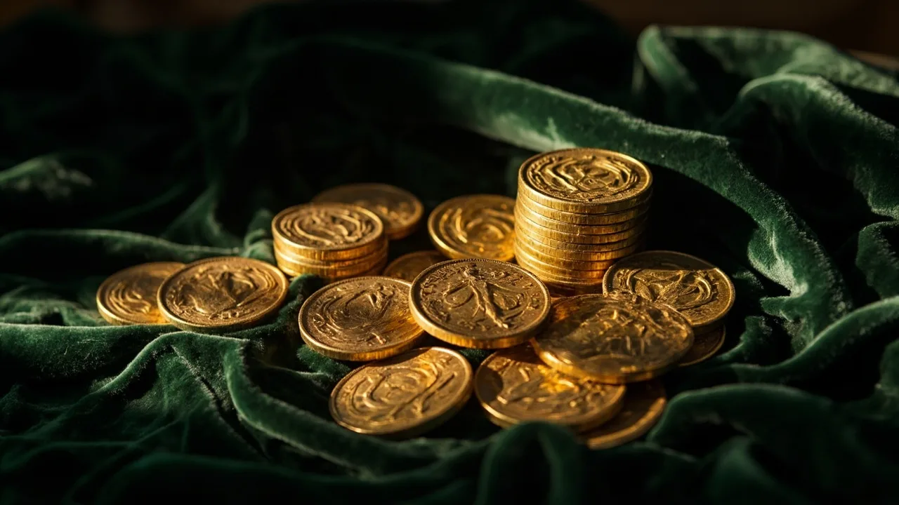 Pile de pièces d'or anciennes aux reflets chauds sur velours vert