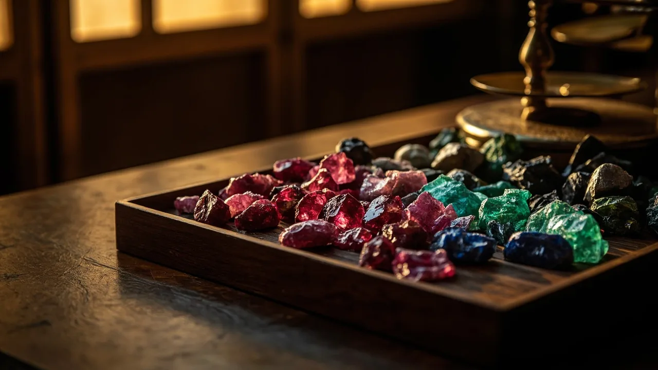 Pierres brutes de rubis, de saphir et d'émeraude triées sur un plateau en bois sombre dans un atelier de négoce