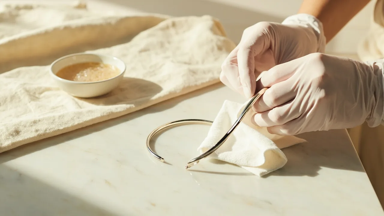 Polissage doux d'un bracelet en argent au chiffon de coton blanc
