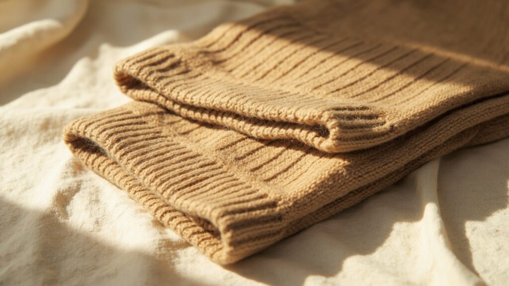 Pull en cachemire camel plié, maille fine en gros plan