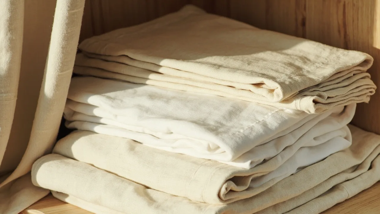 Linge en lin plié et rangé en piles ordonnées dans une armoire